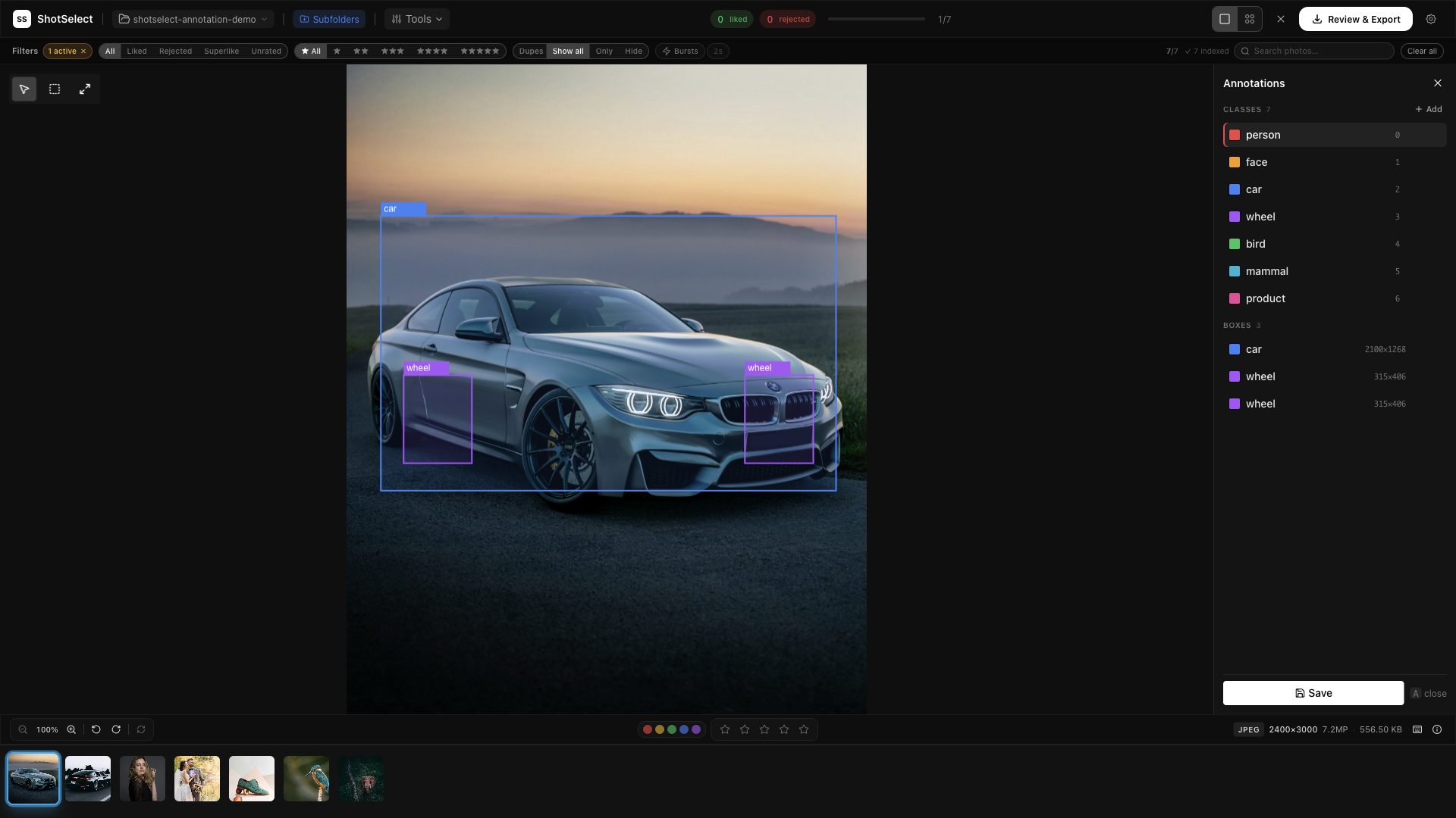ShotSelect annotating a car with car and wheel bounding boxes