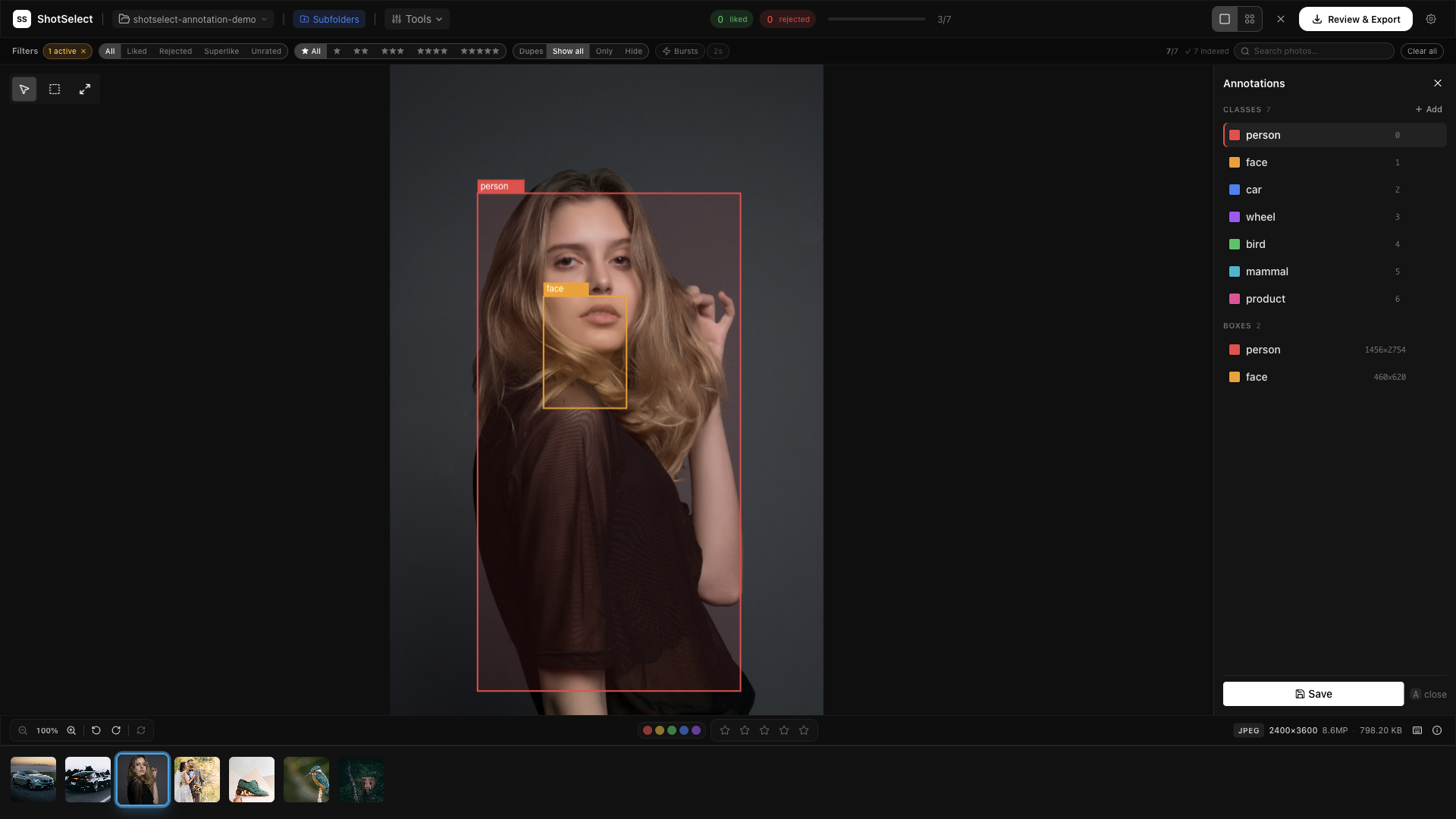 ShotSelect annotating a studio portrait with person and face bounding boxes