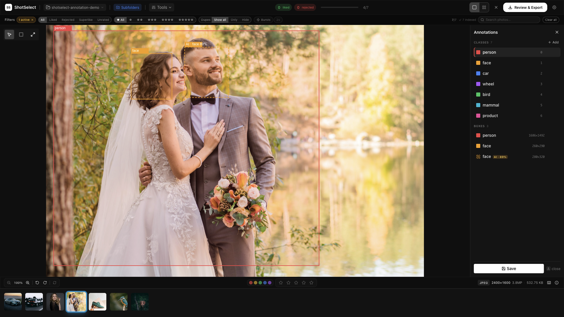 ShotSelect annotating a wedding photo with person and face bounding boxes