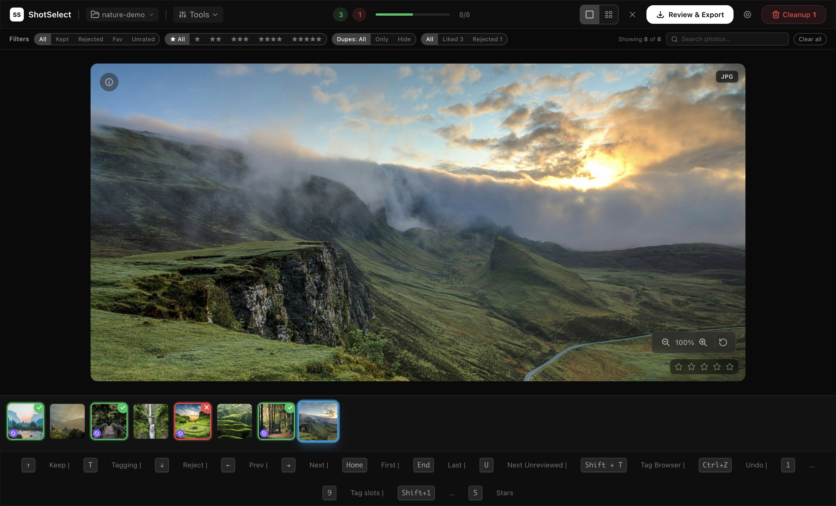 ShotSelect culling view with filmstrip and ratings