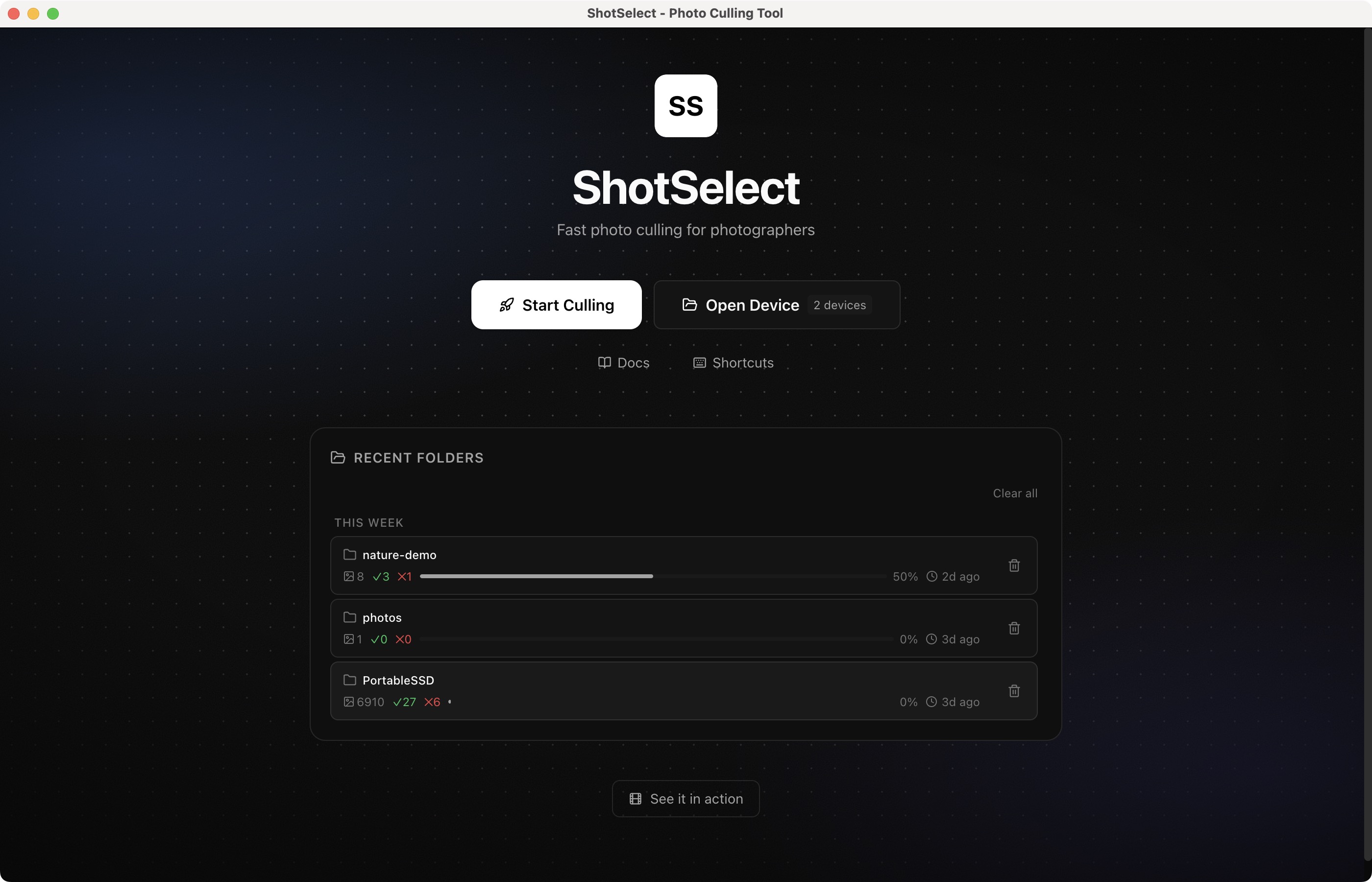 ShotSelect start screen with session history