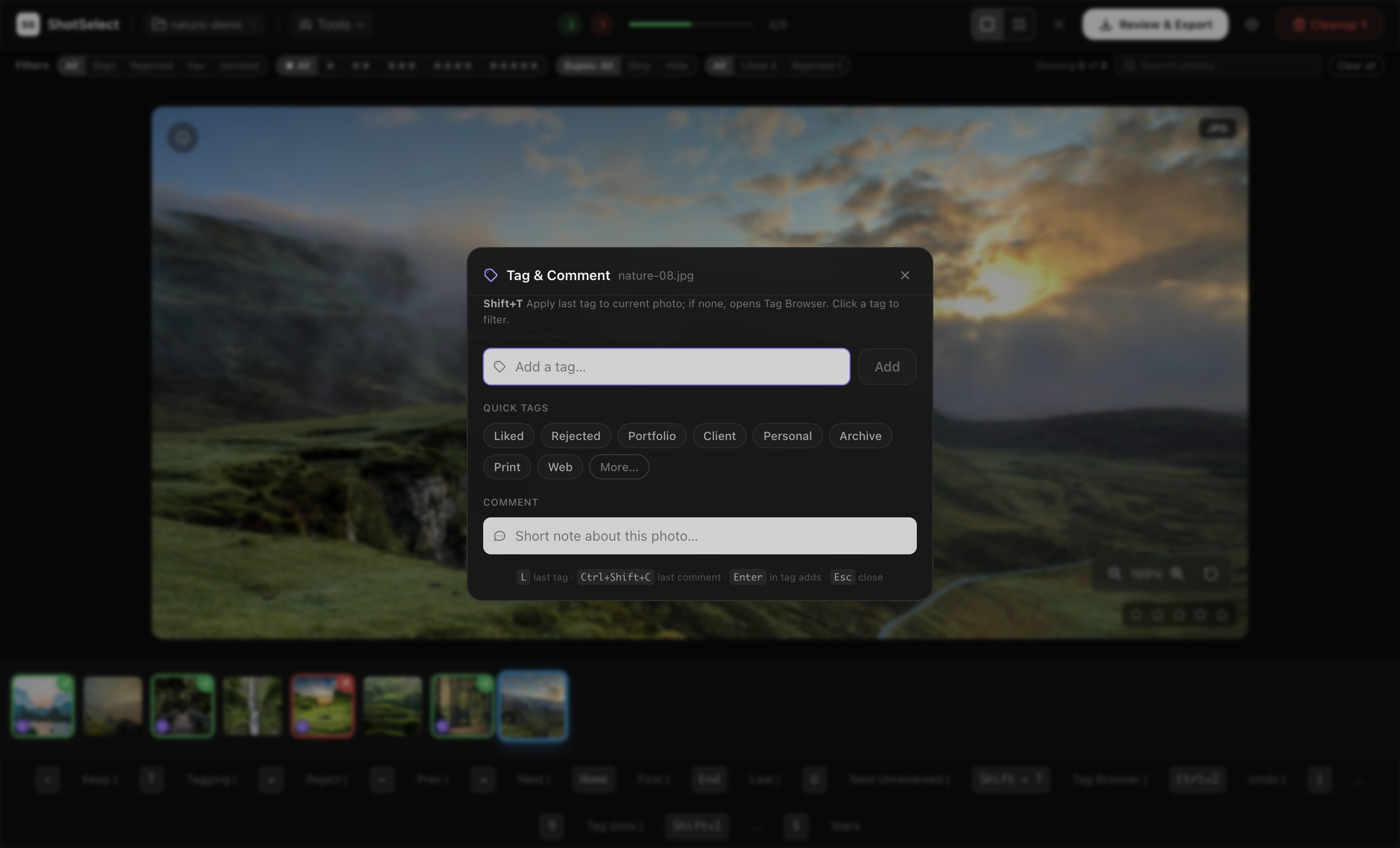 ShotSelect tagging panel with tags, stars, and EXIF data